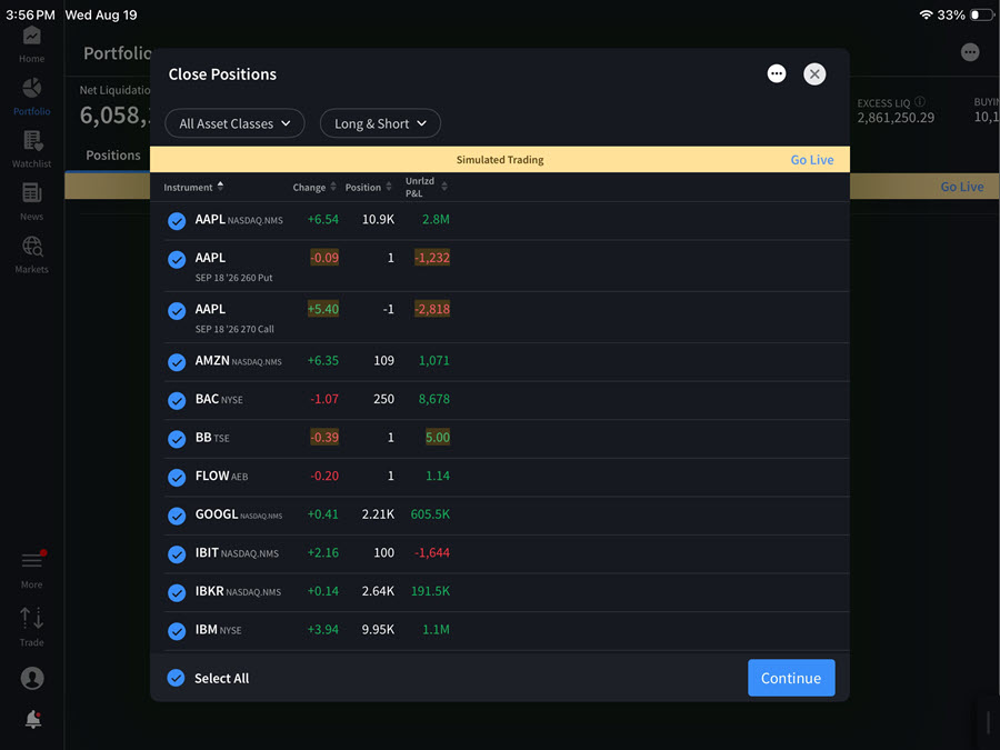 Select Positions to Close on iPad